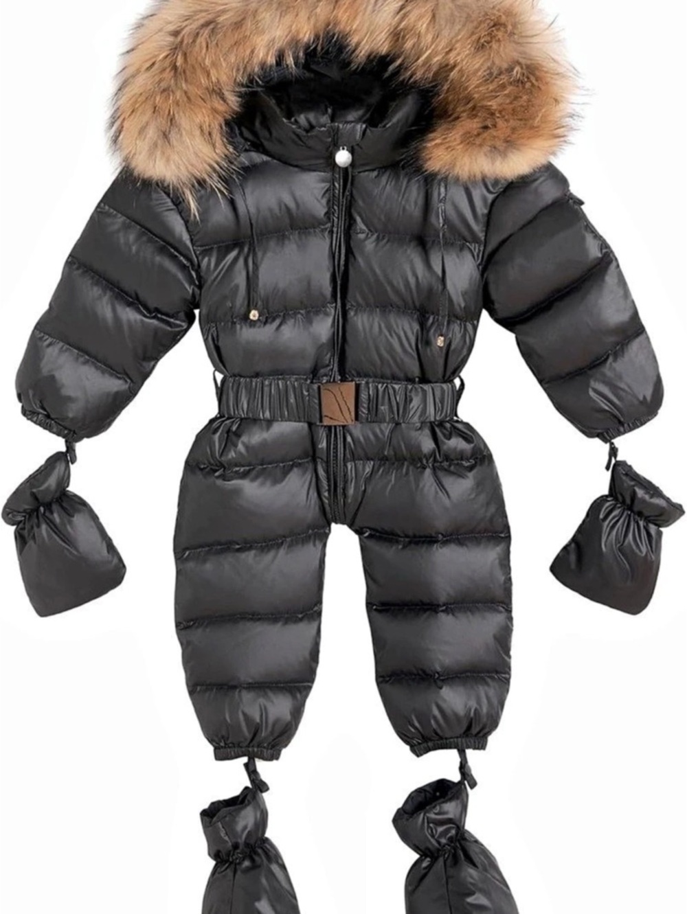 Kids Black Puffer Snow Suit with Fur Hood
